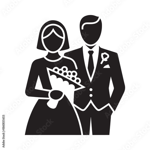 A simple black silhouette of a bride and groom standing together