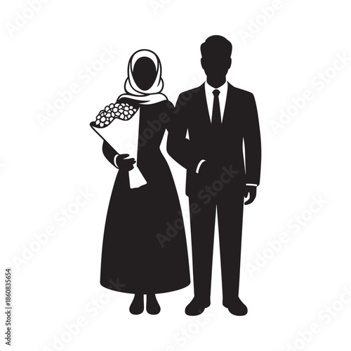 Silhouette of a muslim couple a bride and groom standing together