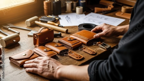 A person working on various leather goods at a wooden workbench with tools.