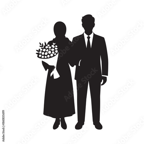 Silhouette of a bride and groom standing closely together holding flowers
