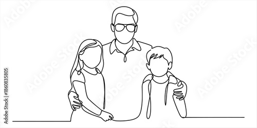 Minimalist continuous line drawing depicting a father embracing his son and daughter, symbolizing family unity. Vector, illustration