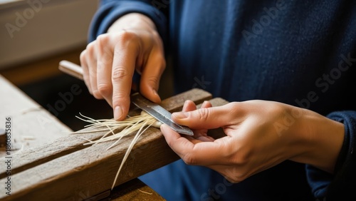 Close-up of hands cutting straw with scissors on a wooden board