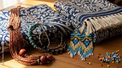 Close-up of colorful textiles and jewelry on a wooden table with a shallow depth of field.