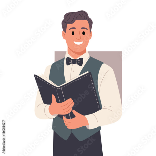 National Waiters Day vector illustration of young smiling waiter holding menu flat style design perfect for hospitality celebration event or service themed artwork