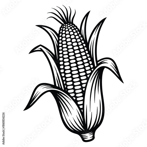 Natural and organic product woodcut corn icon healthy food vegetarianism agriculture harvest farm sticker logo cartoon flat vector illustration for digital uses