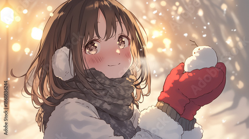 雪の日に小さな雪だるまを見つめる耳あて姿のアニメ美少女

