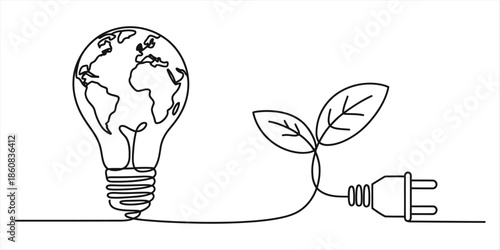 Globe in a lightbulb connected to a plant and plug representing sustainable energy Vector, illustration