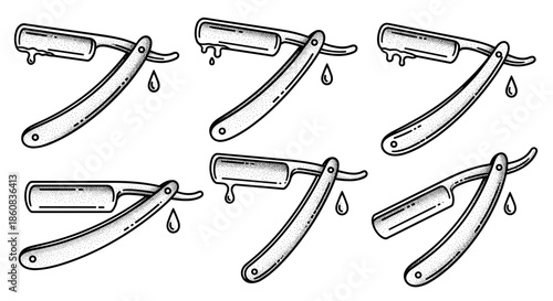 Collection of Vintage Straight Razors with Dripping Liquid.