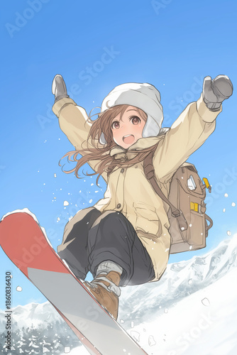 青空の雪山でスノーボードを楽しむアニメ美少女
