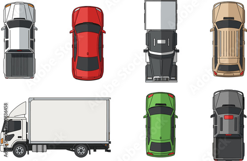 Pickup Truck, Sedan Car, Delivery Box Truck, and Cargo Van for Logistics, Travel, and Automotive Vector.