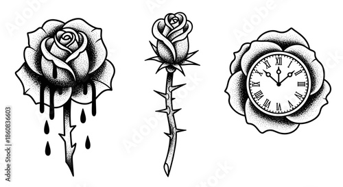 Three Tattoo Designs Featuring Roses and a Clock.