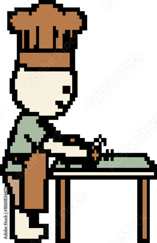 Pixel art chef cooking with skill and focus in kitchen