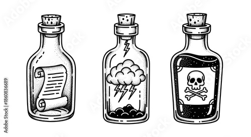 Three vintage glass bottles with cork stoppers containing magical potions and symbols.