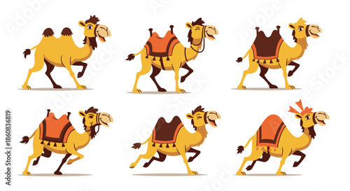 Set of six cartoon camels in different poses and running.