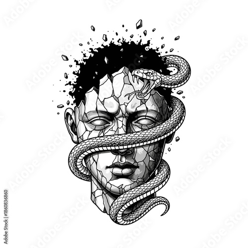 Mans Head With Snake Wrapped Around It Symbolizing Mental Struggle.