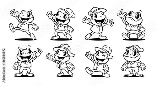 Set of eight cartoon frogs in various poses and outfits.