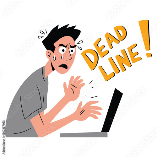 Overworked tired office worker working on laptop computer deadline concept vector illustration on white background perfect for work stress productivity themes