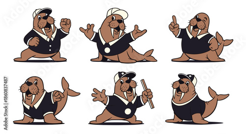 Cartoon Walrus Characters in Various Poses and Outfits.