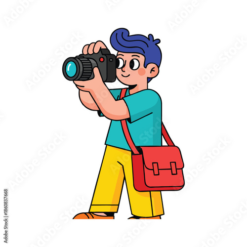 Enthusiastic young photographer boy capturing moments with his camera and shoulder bag