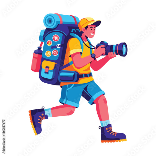 Adventurous Traveler Capturing Moments While Running with Backpack and Camera