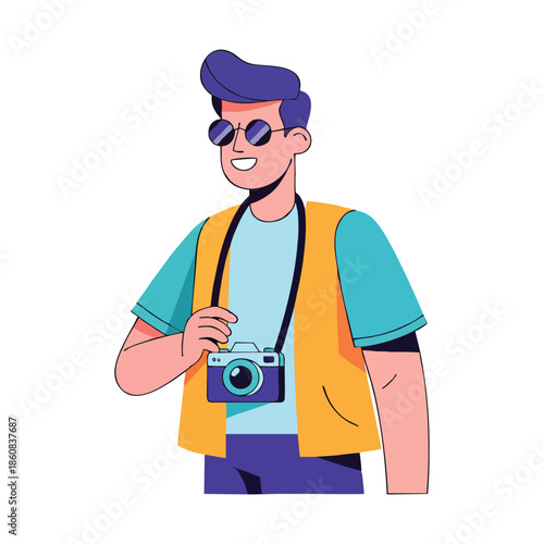 Smiling man with sunglasses holding a camera ready to capture memories