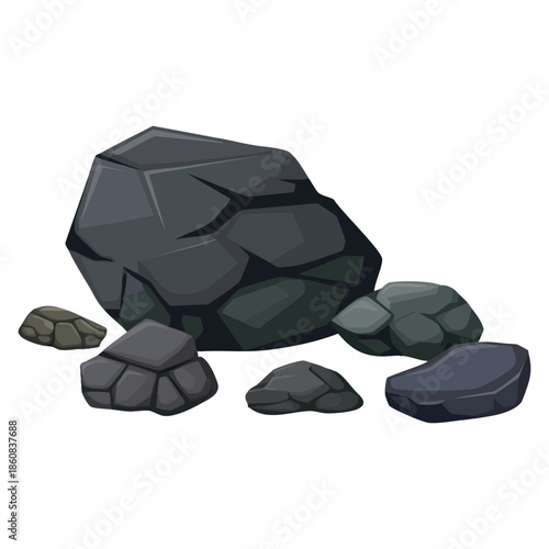 Pieces of fossil stone black mineral rock stone of graphite or charcoal vector illustration showing raw natural minerals dark textured stones geology material