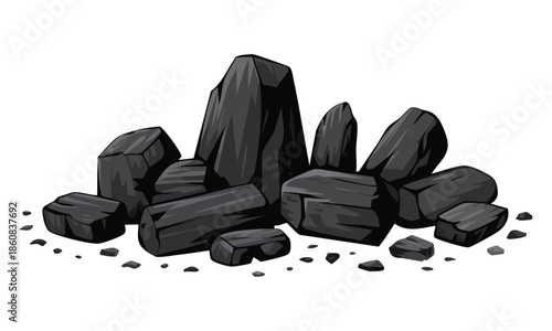 Pile of pieces of coal charcoal heavy industry vector artwork showing mineral fuel material used in industrial production energy plants and traditional manufacturing processes