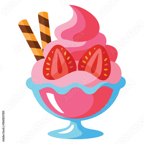 Pink strawberry ice cream sundae icon with whipped cream and fresh strawberries on top vector illustration isolated for cup dessert and sweet treat design