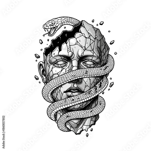 Cracked Stone Head with Serpent Symbolizing Transformation and Inner Struggle.