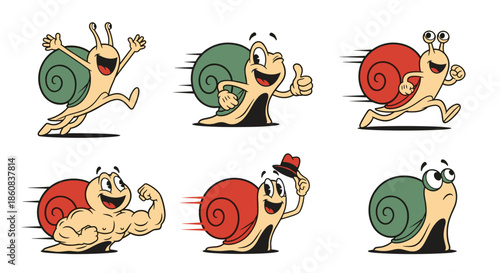 Six Funny Cartoon Snails Expressing Different Emotions and Actions.