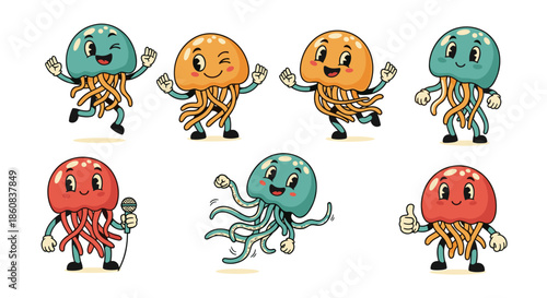 Cute Cartoon Jellyfish Characters Set Fun Aquatic Marine Life Illustrations.