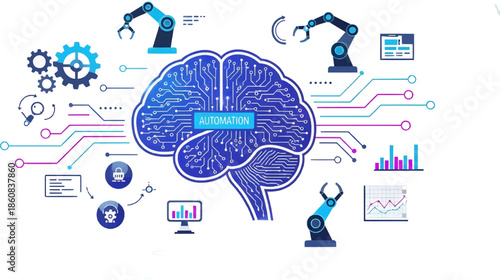 A conceptual illustration of a digital circuit brain surrounded by robotic arms, gears, and data charts, representing AI automation and machine learning.