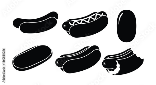 Set of Black and White Silhouettes of Hot Dogs in Buns
