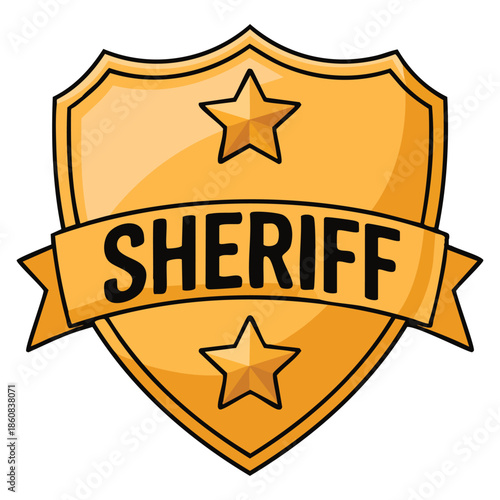 Police golden badge flat vector illustration with stars and engraved sheriff word perfect for law enforcement emblem security themed creative design