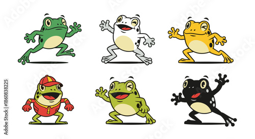 Set of Six Adorable Cartoon Frogs in Various Poses and Colors.