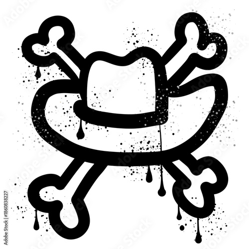 Cowboy hat and crossbone graffiti with black spray paint splashes