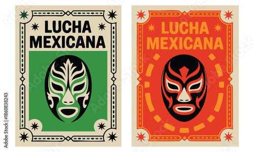 Poster lucha mexicana mexican wrestling design with luchador mask folk ornaments stars ideal for colorful cultural artwork and mexico wrestling themed creative illustration
