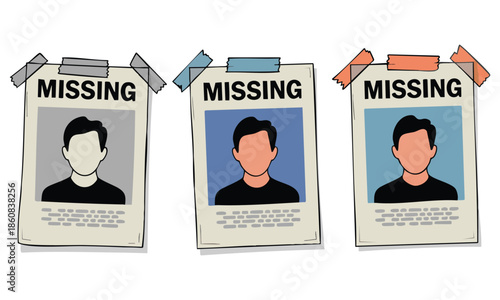 Posters showing the word MISSING with varied color illustrations of a person ideal for awareness campaigns mystery themes and creative poster layout concepts