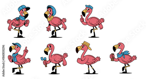 Set of Seven Adorable Cartoon Flamingos in Various Poses and Outfits.