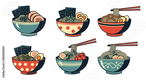 Delicious Ramen Bowls Collection with Chopsticks and Seaweed Toppings.