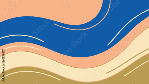 A serene digital landscape featuring wavy patterns and abstract shapes in various colors and textures