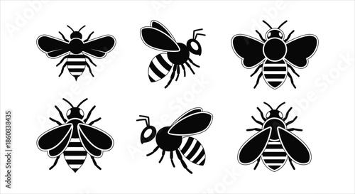 Collection of stylized bee icons in black and white