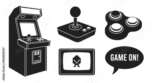 Retro Arcade Game Machine and Accessories Collection.