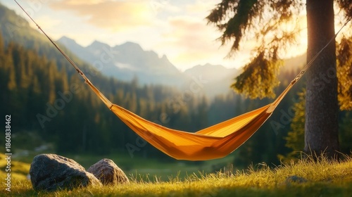 Golden Hour Relaxation: Hammock in a Serene Mountain Landscape