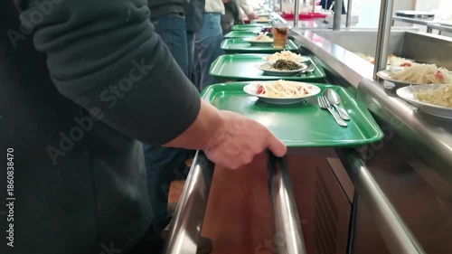 Customers slide trays along metal rails to select lunch dishes in a busy public dining room, showing a self-service cafeteria line and diverse meal options in high-quality 4k resolution.