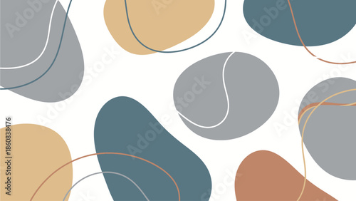 Abstract shapes and lines in muted colors on a white background, viewed from directly above, creating a modern graphic design element.