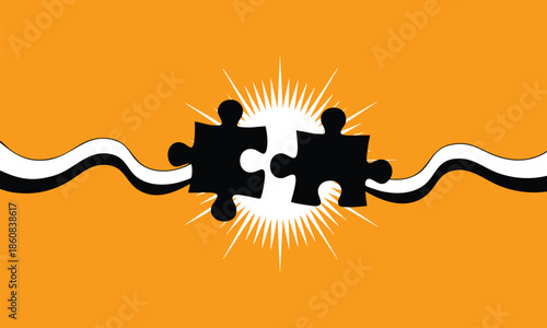 Puzzle pieces connected together with cables coming together on yellow background problem solving concept business solutions ideas vector illustration graphic design