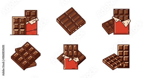 Collection of six chocolate bar illustrations in various poses.