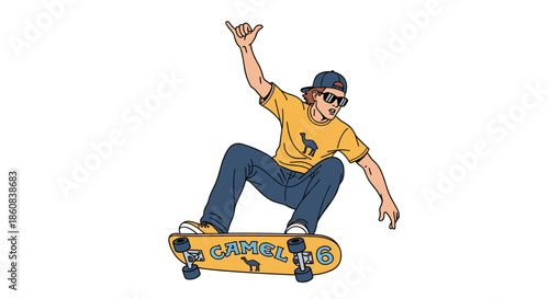 Young man skateboarding and performing a trick with a smile.
