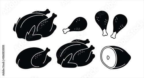 Monochrome poultry and roast meat illustrations for cooking, menu, and food preparation concepts